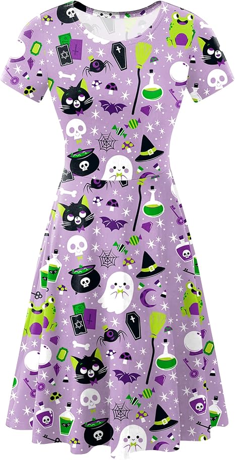 Women Halloween Short Sleeves Printed Dress Vintage Style A-Line Party Dresses - sugar skull dress