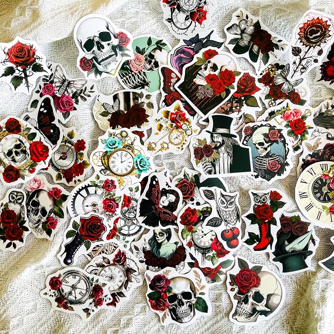 Yoksas Gothic Steampunk Rose Skeleton Stickers - 50Pcs Vinyl Vintage Horror Skull Flowers Stickers for Laptops,Water Bottles,Scrapbooks,Halloween - skull sticker