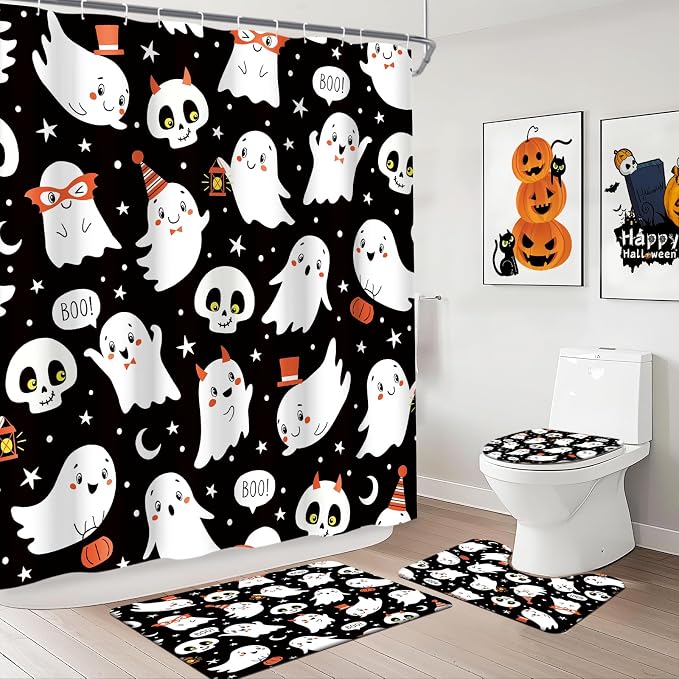 MEHOFOND Halloween Shower Curtain Sets 4 Pcs Cute Ghost Boo Bath Set - skull toilet mat