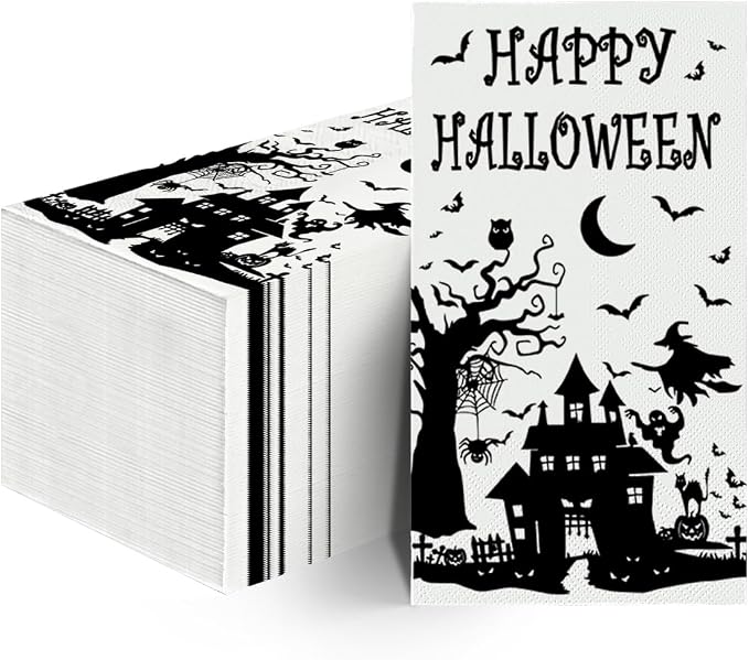 Horaldaily 100Pcs Halloween Paper Napkins, Castle Tree Bats Tomb Scary Themed - skull toilet paper