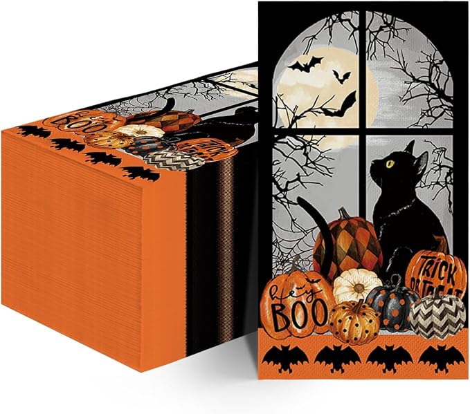 Horaldaily 100Pcs Halloween Paper Napkins, Buffalo Plaid and Dots Pumpkin Moon Cat Bats - skull toilet paper