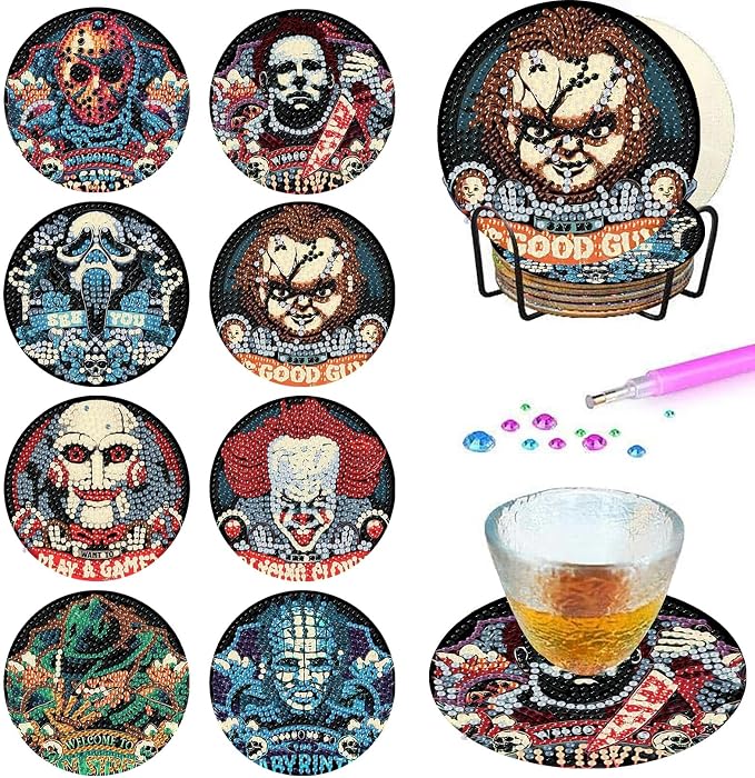8 Pcs Halloween Diamond Art Coasters Kit for Adults - Round Full Drill Horror Diamond Painting Coasters Set with Holder,DIY Diamond Dot by Number Coaster Art and Craft for Home Wall Decor Gifts - skull coaster