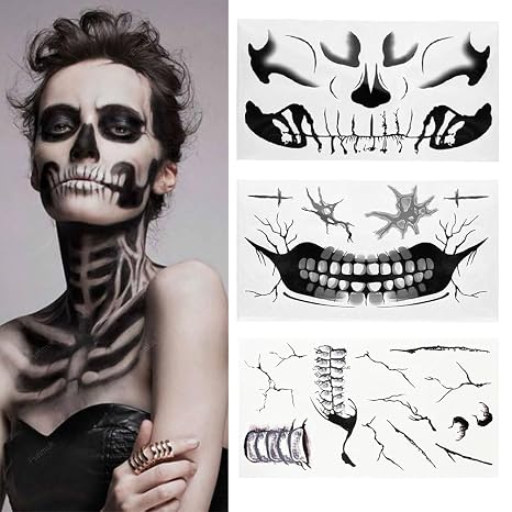 Fake Zombie Face Tattoos for Halloween Makeup Kit, Day of the Dead Skull Face Tattoos Halloween Costume Prank Temporary Tattoo for Women Mens - sugar skull makeup