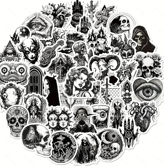 Bomichi 100 Pcs Dark Aesthetic Goth Stickers for Adults, Skull Sticker Packs for Water Bottle Kindle Laptop Phone DIY Crafts Card Making Scrapbook Art Journal - skull sticker