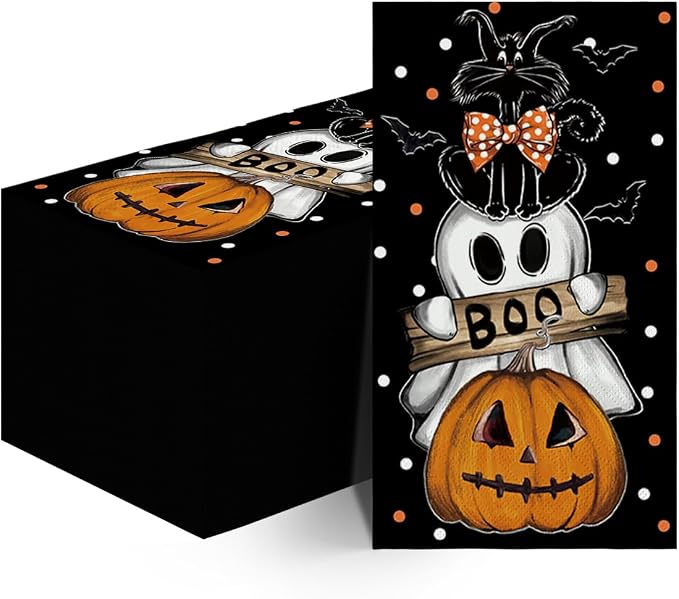 Horaldaily 100Pcs Halloween Paper Napkins, Orange Jack-O-Lantern Pumpkin Dots Ghost - skull toilet paper