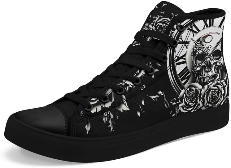 Skull High Top Sneaker for Men Women Fashion Rose Gothic Black Canvas Shoes Unisex Lace Up Casual Tennis Walking Flat Shoes - sugar skull boots
