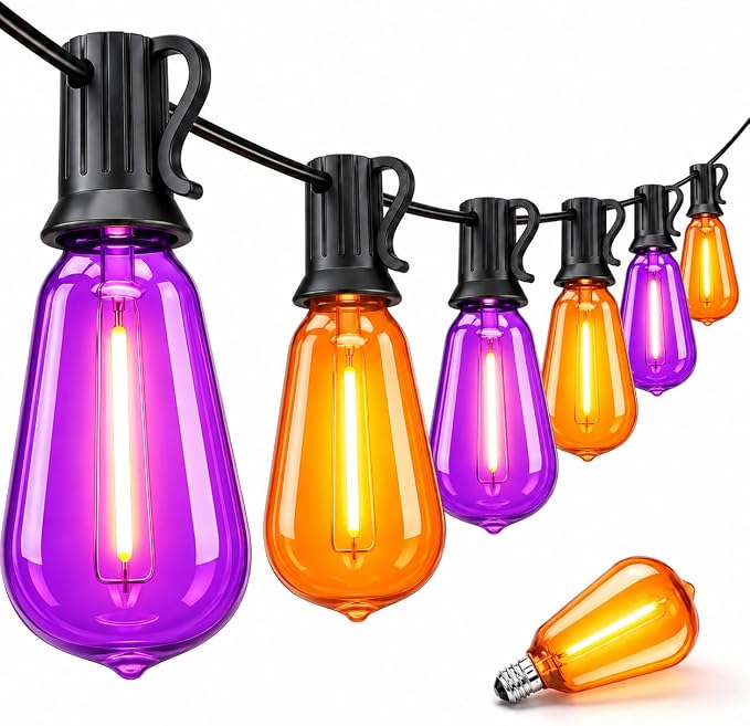 Abeja ST40 Purple and Orange Halloween Lights,10FT Outdoor LED Halloween String Lights with 11 Orange/Purple Flame Bulbs,Hanging Decorative Light String for Garden Porch Gazebo Bistro,Black Wire - string light