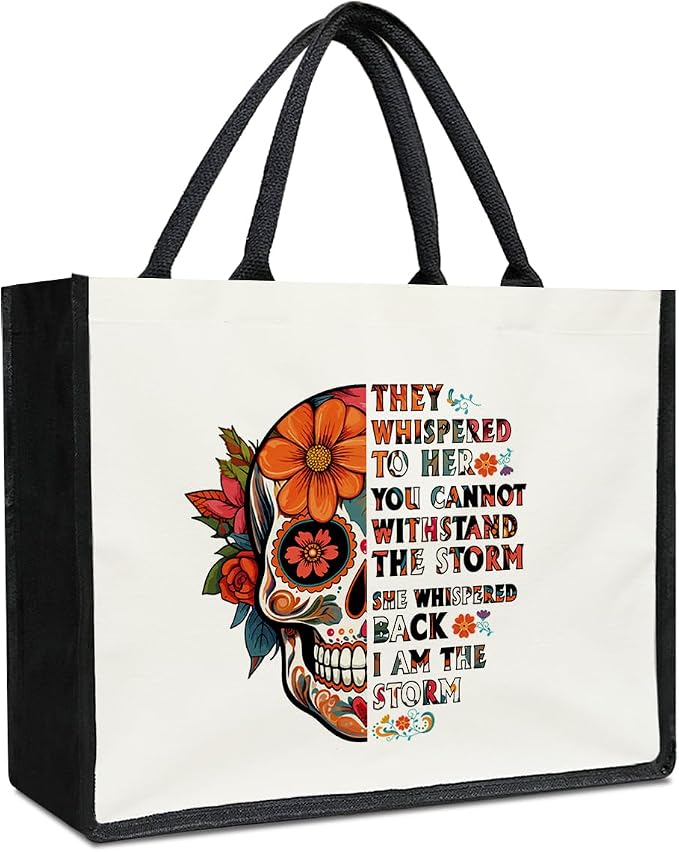 Mexican Sugar Skull Canvas Tote Bag for Women, Aesthetics Tote Bag, I Am The Storm, Sugar Skull Gifts for Women Dia De Los Muertos Reusable Mother’s Day Beach Bags -07