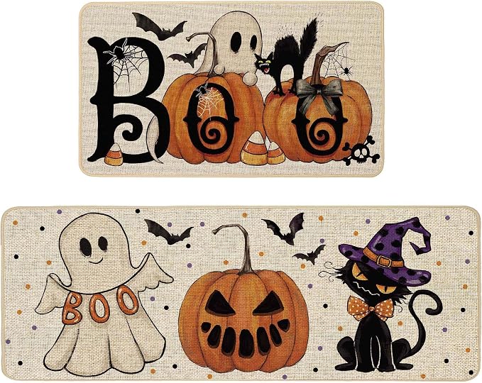Halloween Kitchen Rugs Set of 2, 17x29 and 17x47 Inch - skull floor mat