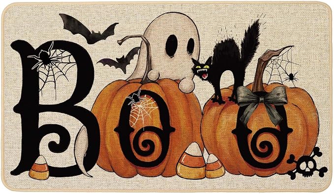 Halloween Pumpkins Welcome Doormat 17×29 Inch, Boo Ghost Black Cat Decorative Front Door Mat Non Slip Rubber Backing Fall Seasonal Entryway Floor Decoration