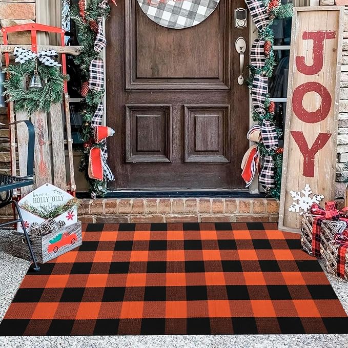 Fall Decor Buffalo Plaid Outdoor Rug 3×5 Ft Orange and Black Checkered Area Rug Halloween Washable Doormats Fall Indoor Outdoor Rugs for Porch Layered Front Door Mats, Entryway, Farmhouse