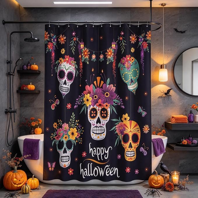 Mexican Halloween Shower Curtain Sugar Skull Day of the Dead Decor,70x70IN