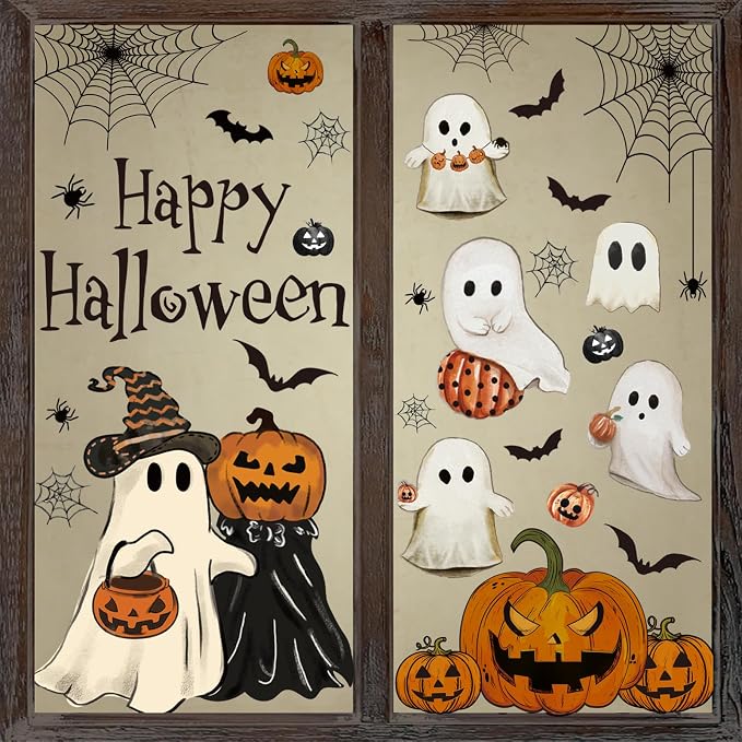 Whaline 6 Sheets Halloween Window Clings Vintage Ghost Evil Pumpkin Bat Reusable Window Decals for Halloween Fall Party Supplies Home Glass Decor - skull sticker