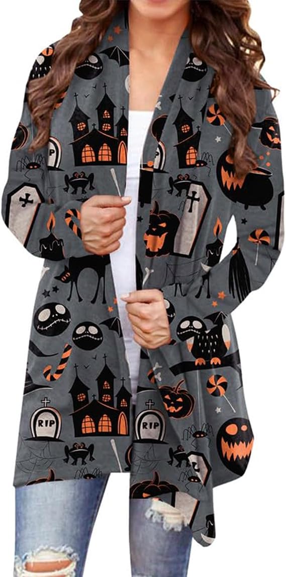 Women's Halloween Pumpkin Cat Knit Cardigan Long Sleeve Open Front Coat Top - skull jacket