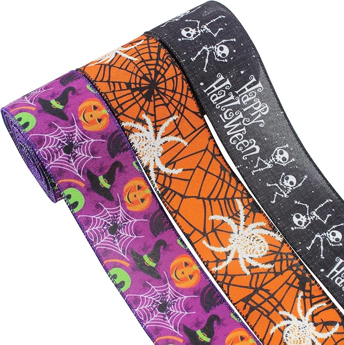 3 Rolls 15 Yards Halloween Ribbon Wired Edge Ribbons 2.5 inchSpider Web Skull Pumpkin Ribbons ，Purple Orange Black Burlap Ribbon ，for Wreath Home Party DIY Craft Floral Bow Decoration Supplies