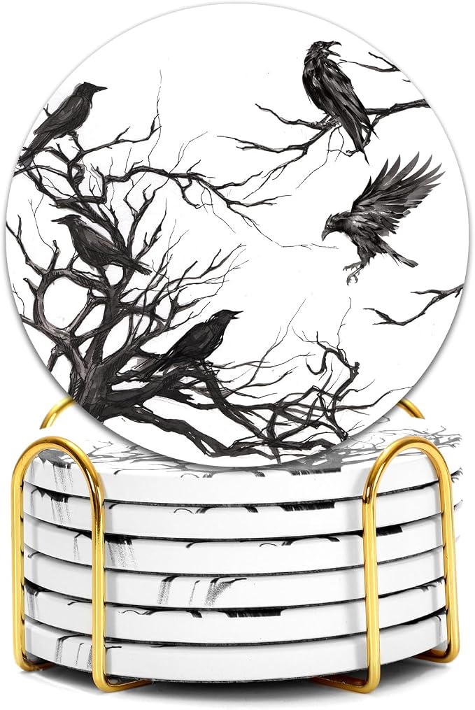 6Pcs Halloween Coasters with Holder Silhouette Tree Crows Drink Coasters Branches Black Ceramic Cup Mats for Party Home Office Table Decor