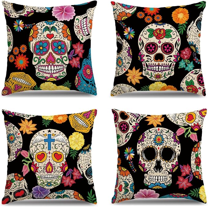 MEHOFOND Halloween Mexican Sugar Skull Pillow Covers 18×18 Set of 4