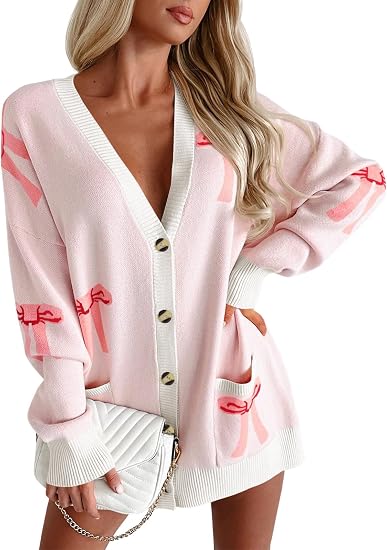 Saodimallsu Womens Oversized Cardigan Sweaters Bow Printed Button V Neck Long Sleeve Loose Knit Fall Trendy Coats - skull jacket