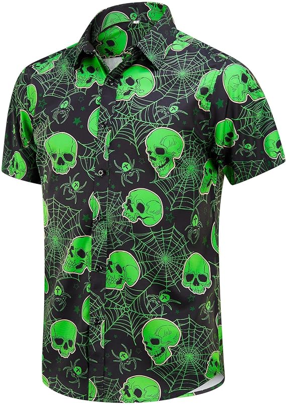 EUOW Halloween Button Down Shirts for Men Fun Skeleton Printed Casual Short Sleeve Hawaiian Tropical Novelty Shirt - skull tshirt