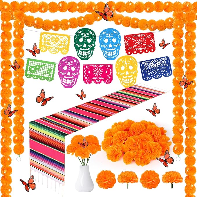 45 Pcs Day of The Dead Decorations Set, 2 Artificial Marigold Garland, 20 Marigold Flower Head,9 Mexican Papel Picado Banner,1 Table Cover,12 Butterfly, 1LED for Dia De Los Muertos Indian Diwali Decor - skull carpet