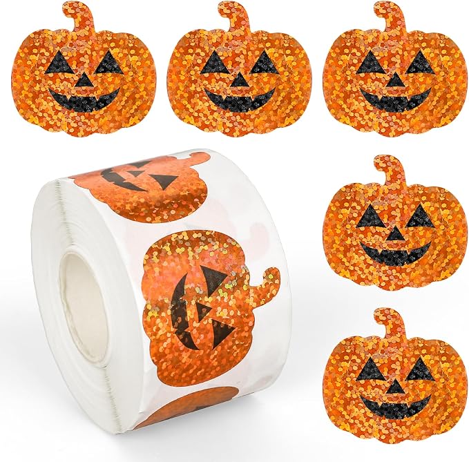 Whaline 500Pcs 1.5'' Halloween Glitter Pumpkin Sticker Roll Smiling Pumpkin - skull sticker