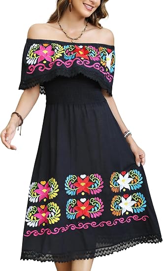 Mexican Dress for Women Embroidered Traditional Floral Fiesta Off The Shoulder Dresses Diverse Embroidered Patterns - sugar skull dress