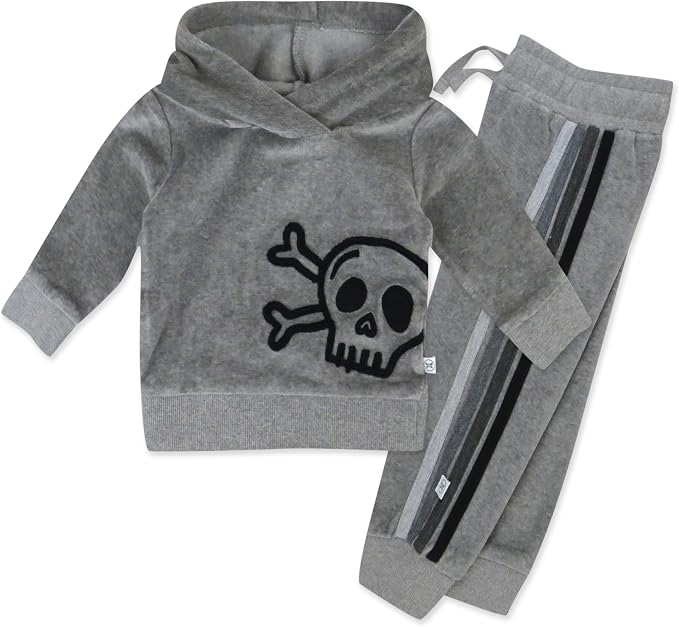 HonestBaby Velour Pullover Hoodie and Zip Front Sweatshirt and Jogger Sweatpants Set Baby, Toddler, Boys, Girls - skull hoodie
