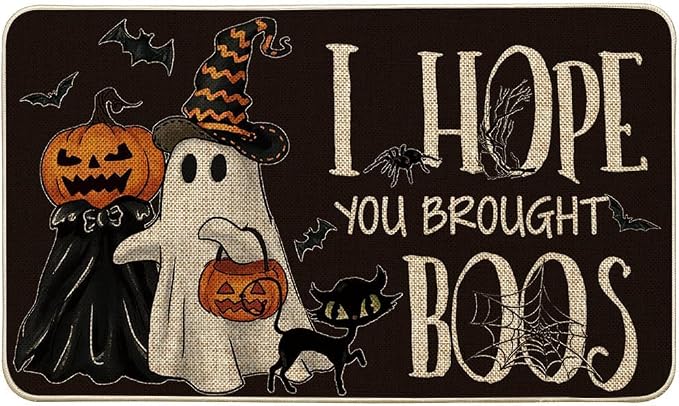 Artoid Mode Black Ghost Pumpkins Cat Halloween Doormat, I Hope You Brought Boos Spider Web Home Decor Low-Profile Switch Rug Door Mat Floor Mat for Indoor Outdoor 17x29 Inch - skull floor mat