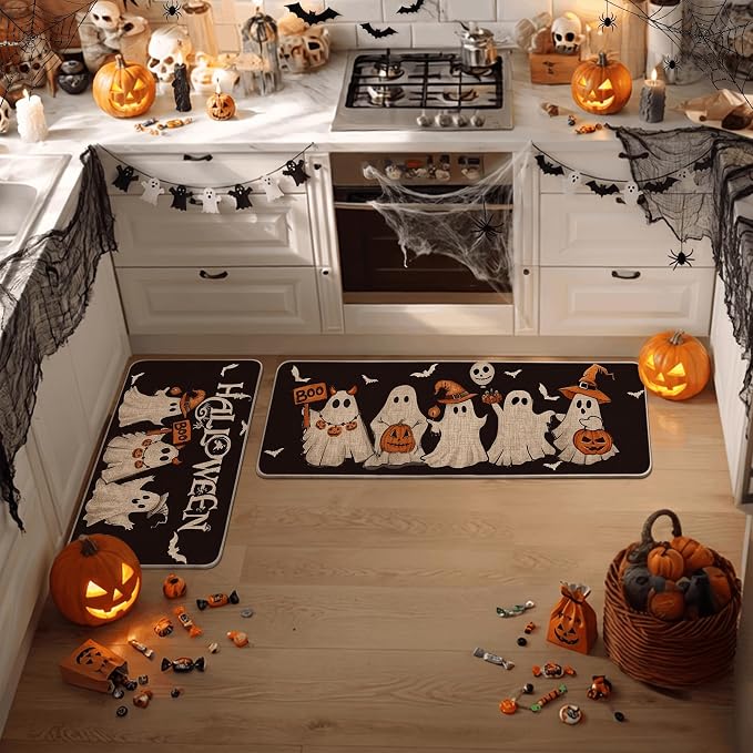 Artoid Mode Ghost Bat Black Halloween Kitchen Mats Set of 2-17×29+17×47