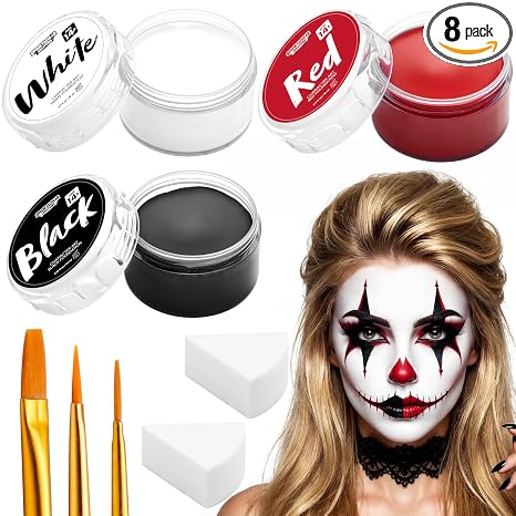 Spooktacular Creations 8 PCS Halloween Makeup Kit 3 Face Body Paint Oil Based Foundation Set with 3 Painting Brushes, 2 Sponges for Halloween Clown SFX Zombie Skeleton Cosplay( White Black Red ) - sugar skull makeup