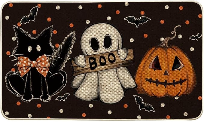 Artoid Mode Black Cat Jack-O'-Lantern Ghost Pumpkins Halloween Doormat, Seasonal Low-Profile Floor Switch Mat for Indoor Outdoor 17x29 Inch - skull floor mat