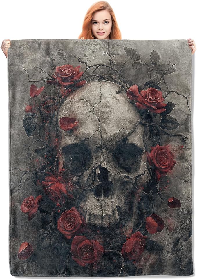 Skull Rose Blanket, Horror Skulls Flannel Throw Blankets,Soft Warm Lightweight Cozy Plush Skull Throws for Bedroom Sofa Office Home Decor for Adults Men 60"x50" - skull blanket