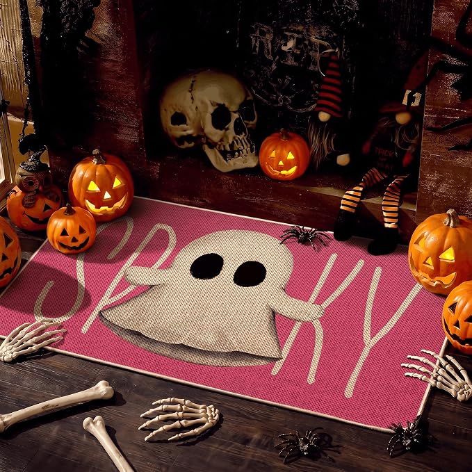 Artoid Mode Pink Ghost Spooky Halloween Doormat, Home Decor Low-Profile Switch Rug Door Mat Floor Mat for Indoor Outdoor 17x29 Inch - skull floor mat