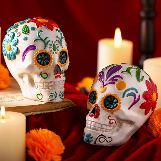 Colingmill 2 Pcs Day of the Dead Sugar Skull Resin Figurine 4.3", Flower - sugar skull ornament