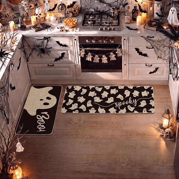 Artoid Mode Ghosts Boo Halloween Kitchen Mats Set of 2-17x29+17x47 - skull floor mat