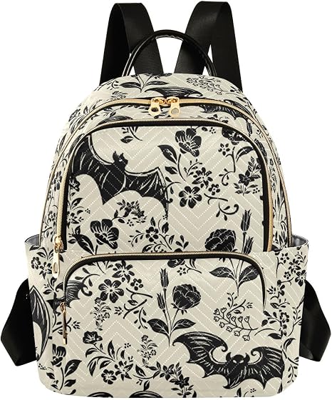 Goth Bat Flowers Quilted Backpack Purse for Women Fashion Small Backpack M - skull backpack