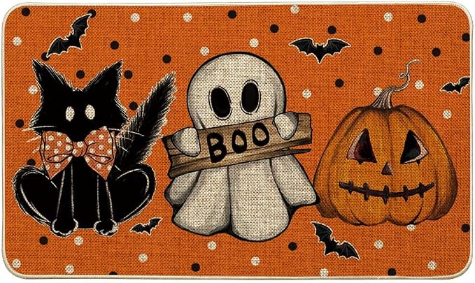Artoid Mode Orange Cat Jack-O’-Lantern Ghost Pumpkins Halloween Doormat, Seasonal Low-Profile Floor Switch Mat for Indoor Outdoor 17×29 Inch