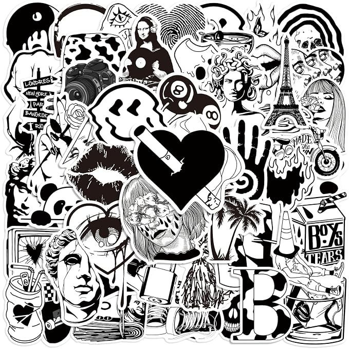50pcs Gothic Stickers Pack, Black and White Skull Stickers for Water Bottle Laptop Luggage Skateboard Planner Scrapbooking, Waterproof Vinyl Horror Decals for Teens Adults (Black-B) - skull sticker