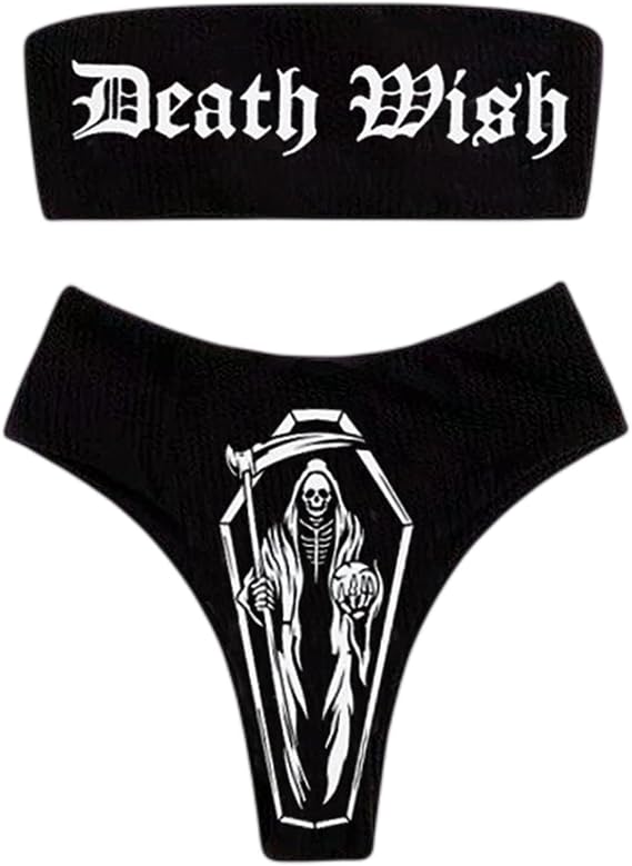 ZGMYC Women's Letter Skull Print Goth Swimsuit 2 Piece Sexy Strapless Bandeau Bikini High Waist Bathing Suit Festival Outfit - skull swimsuit