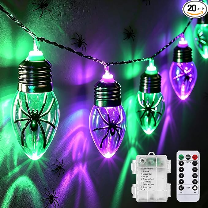 PASUTO Halloween Lights, 20 LED Clear Blubs Spider String Lights with Timer, Battery Powered 8 Light Modes for Wall Window Halloween Home Party Holiday Bar Decor(Purple, Green) - string light
