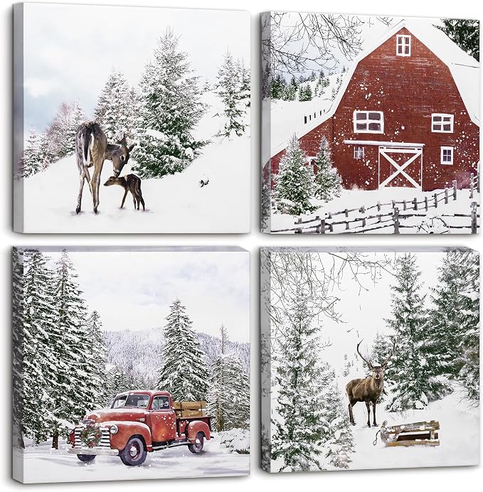 ArtbyHannah Christmas Canvas Wall Art Decor, Rustic Snowy Scene Prints - skull wall art