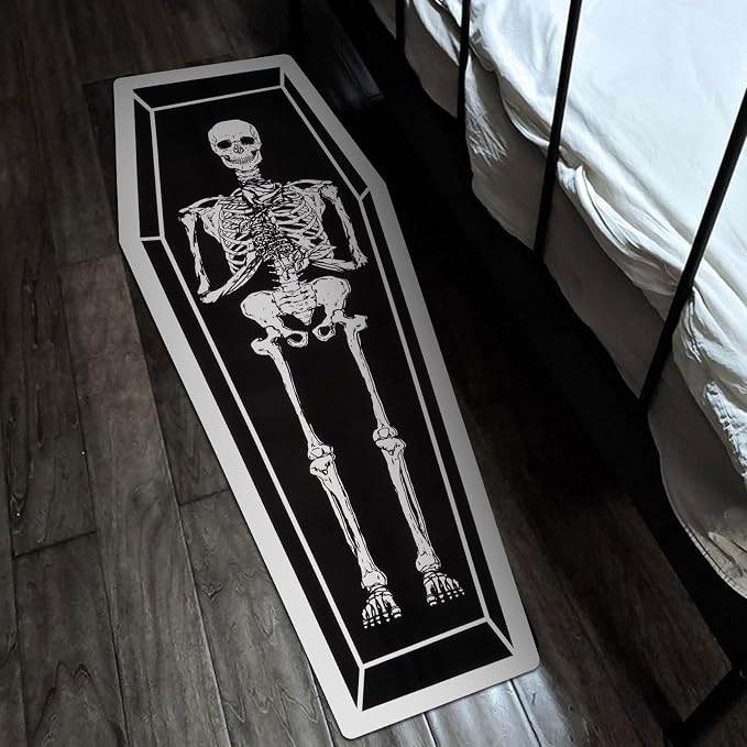 Halloween Runner Rug Coffin Skeleton Bat Rug for Hallway Black Kitchen Runner Rug Non Slip Washable Rug Runner with Rubber Back Halloween Kitchen Mat Indoor Outdoor, 20 x 59 Inch - skull carpet