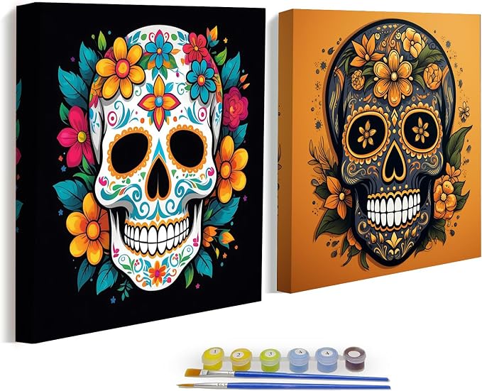 KYOQFVN Skull Paint by Numbers Kit for Adults – 2 Pack Halloween Number Painting for Adults – Acrylic Easy Horror Skeleton Painting by Numbers with Frame – Adult Paint by Number Kits 8x8inch