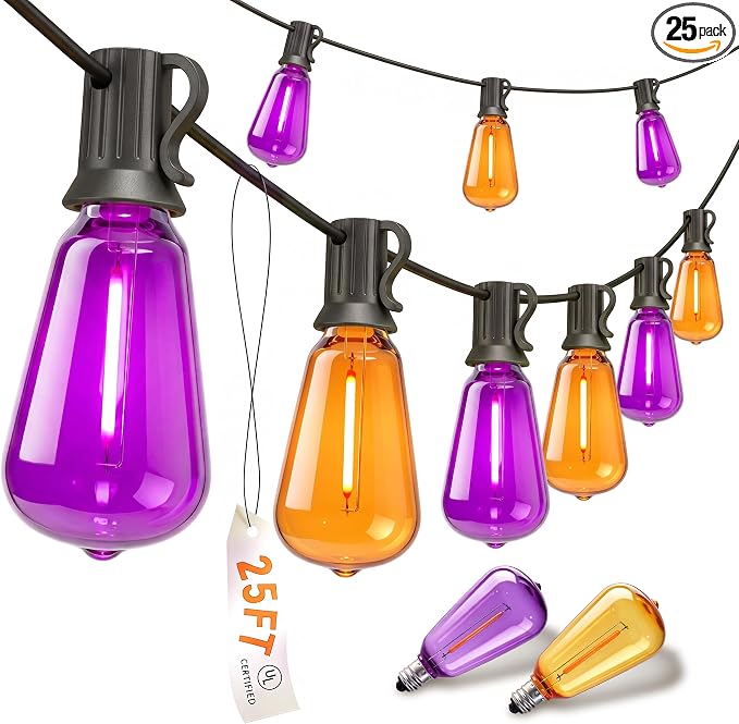 ST38 Halloween Orange Purple String Lights with 27 LED Bulbs(2 Spare), 25Ft Halloween Outdoor Decorations Connectable Patio Lights for Indoor Outdoor Backyard Garden Halloween Christmas Party Decor - string light