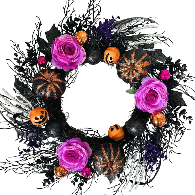 22 Inch Halloween Wreaths for Front Door Artificial Black Welcome Wreath with Pumpink Rose Skeleton Hand Indoor Outdoor Wall Holiday Decorations - skull wreath