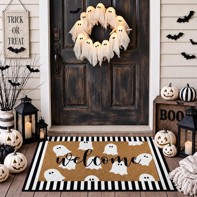 Tinideya 2 Pcs Halloween Door Mat Outdoor Layered Ghost Welcome Mat