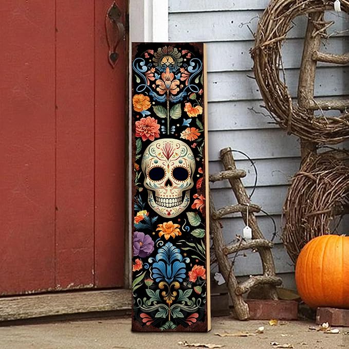 Halloween Dia De Los Muertos Wooden Skull Welcome Sign, Fall Porch Sign for Front Door Decorations, 31.5"H - skull carpet