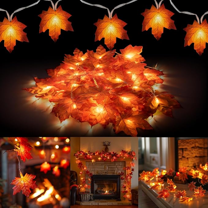 Dazzle Bright 2 Pack Thanksgiving Maple Leaf String Lights, Total 20FT 40 LED Battery Operated Lighted Fall Leaves Garland, Halloween Decorations for Indoor Outdoor Autumn Harvest Decor - string light