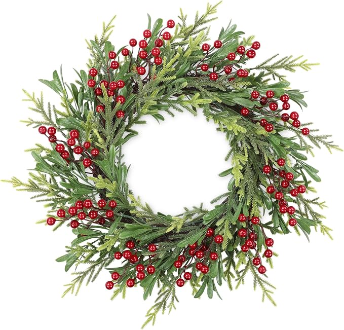 SHACOS Artificial Christmas Wreath 20" Winter Wreaths Pine Red Berries Xmas Holly Berry Decoration for Front Door Window Party Holiday, Red Green - skull wreath