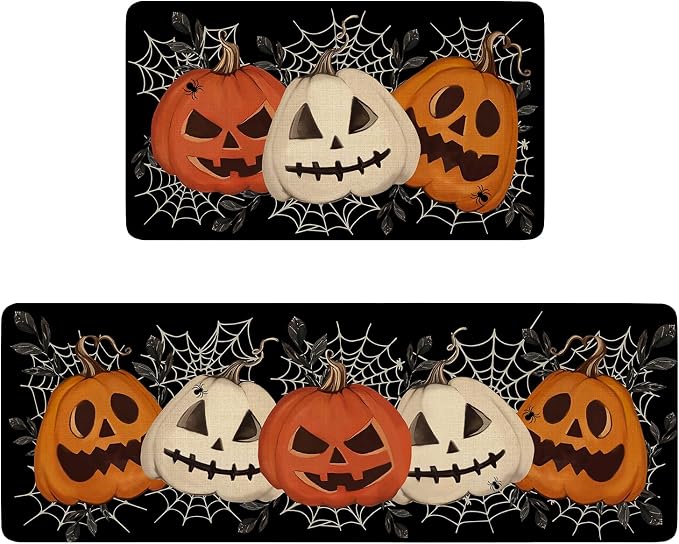 Halloween Kitchen Rugs Set of 2,Black Pumpkin Spider Web Kitchen Mats for Floor, Halloween Non-Slip Washable Sink Mats Home Decor Doormat+Runner Rug - skull floor mat